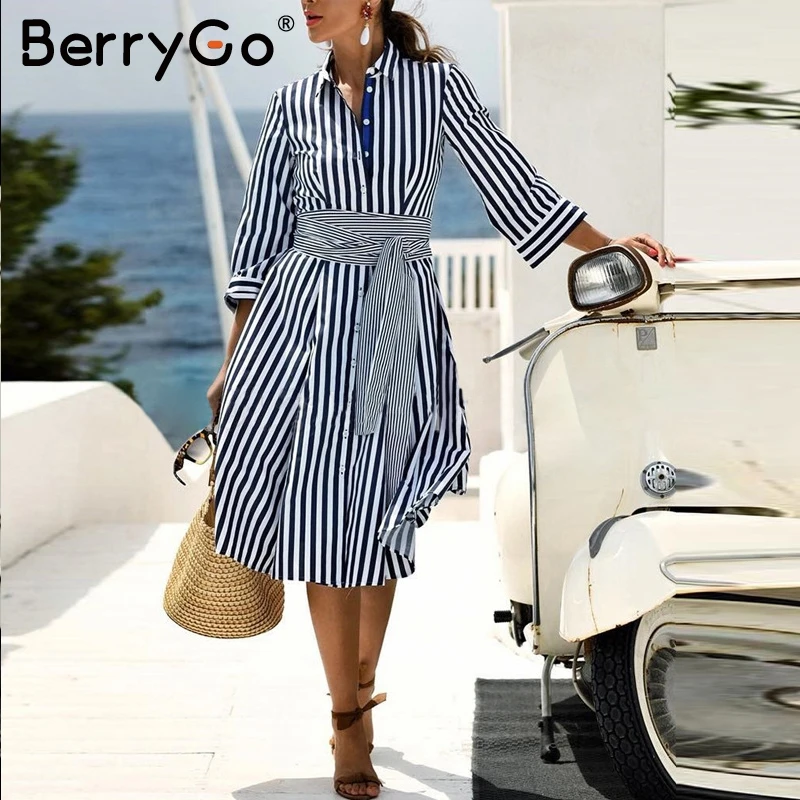 BerryGo элегантное офисное женское платье в полоску Повседневная Осенняя рабочая одежда ТРАПЕЦИЕВИДНОЕ платье-рубашка женское платье с рукавом «четверть» и бантом, платье миди