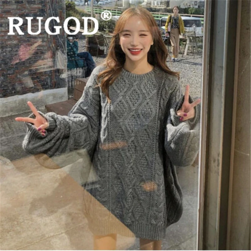 

RUGOD Women gray sweater dress o neck loose oversized knitted warm sweater 2019 new winter fashion femme mujer jersey korean ins