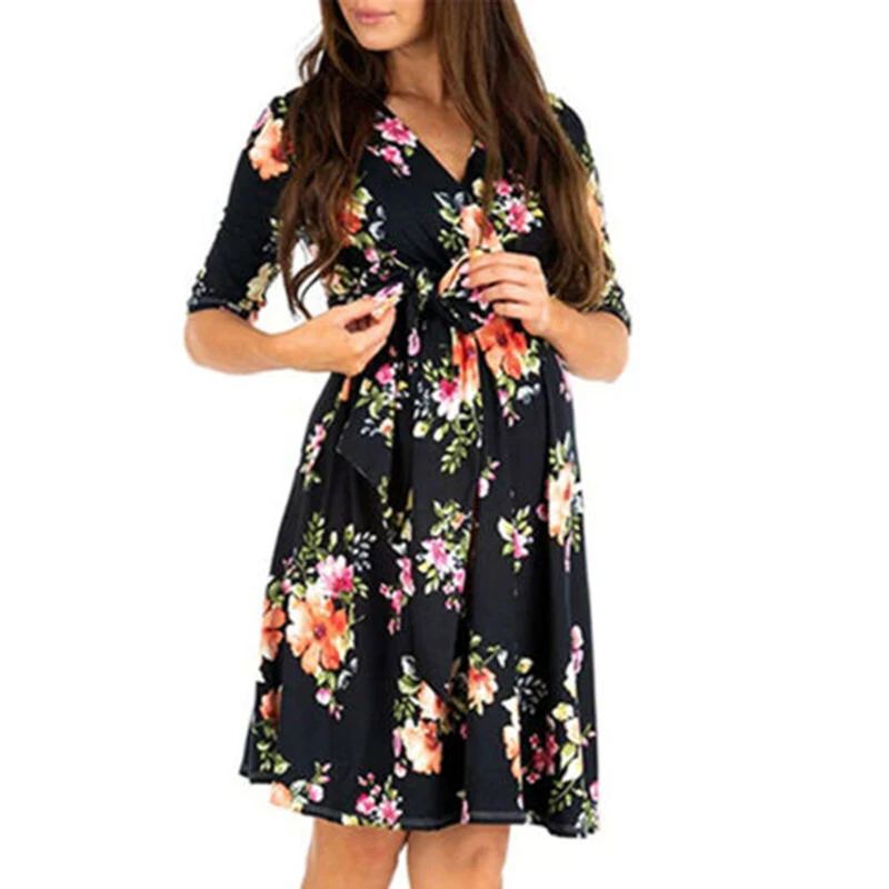 

Pregnant Dresses Women 1/2 Sleeve V-neck Sunflower Print Length Wrap Dress With Belt Robe Femme Enceinte Maternity Dress