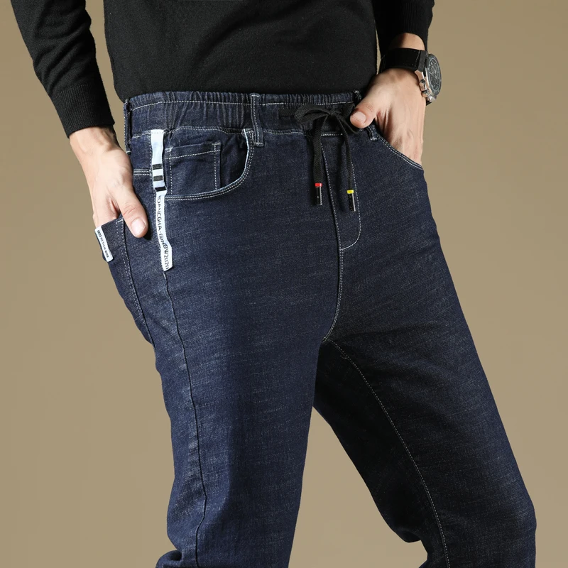 Tide Men Business Casual Slim Fit Elastic Jeans Fashion Printed Male Elastic Waist Drawstring Cotton Skinny Denim Trousers