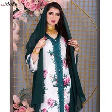 

Ethnic Floral Print Abaya Dubai Hijab Dresses For Women Islam Turkey Ribbon V Neck Long Sleeve Muslim Kaftan Ramadan Eid Clothes