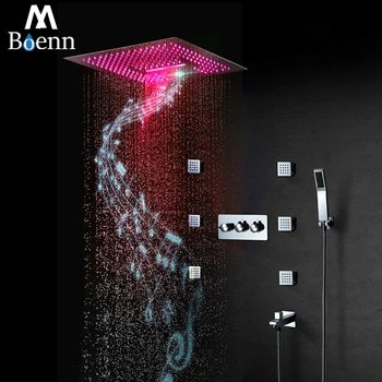 شراءم Boenn الموسيقى LED أدوات دش صنابير حمام 16 بوصة المطر الدش الساخن والبارد النحاس أخفى خلاط دش مجموعة الكروم