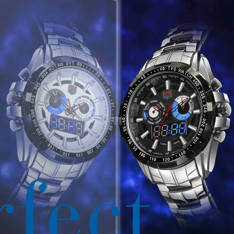 TVG мужские модные полностью Стальные кварцевые часы военные часы армейские светящиеся синий светодиодный указатель водонепроницаемые часы Мужские Цифровые спортивные часы