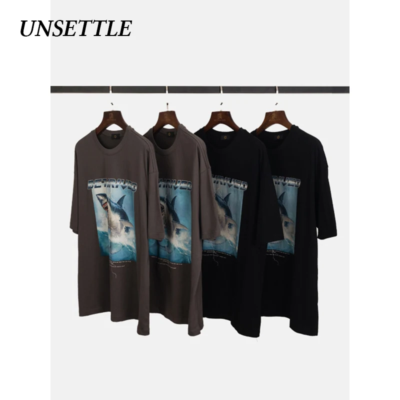 UNSETTLE 2020SS Harajuku мужские/женские уличные футболки с забавным принтом акулы коротким
