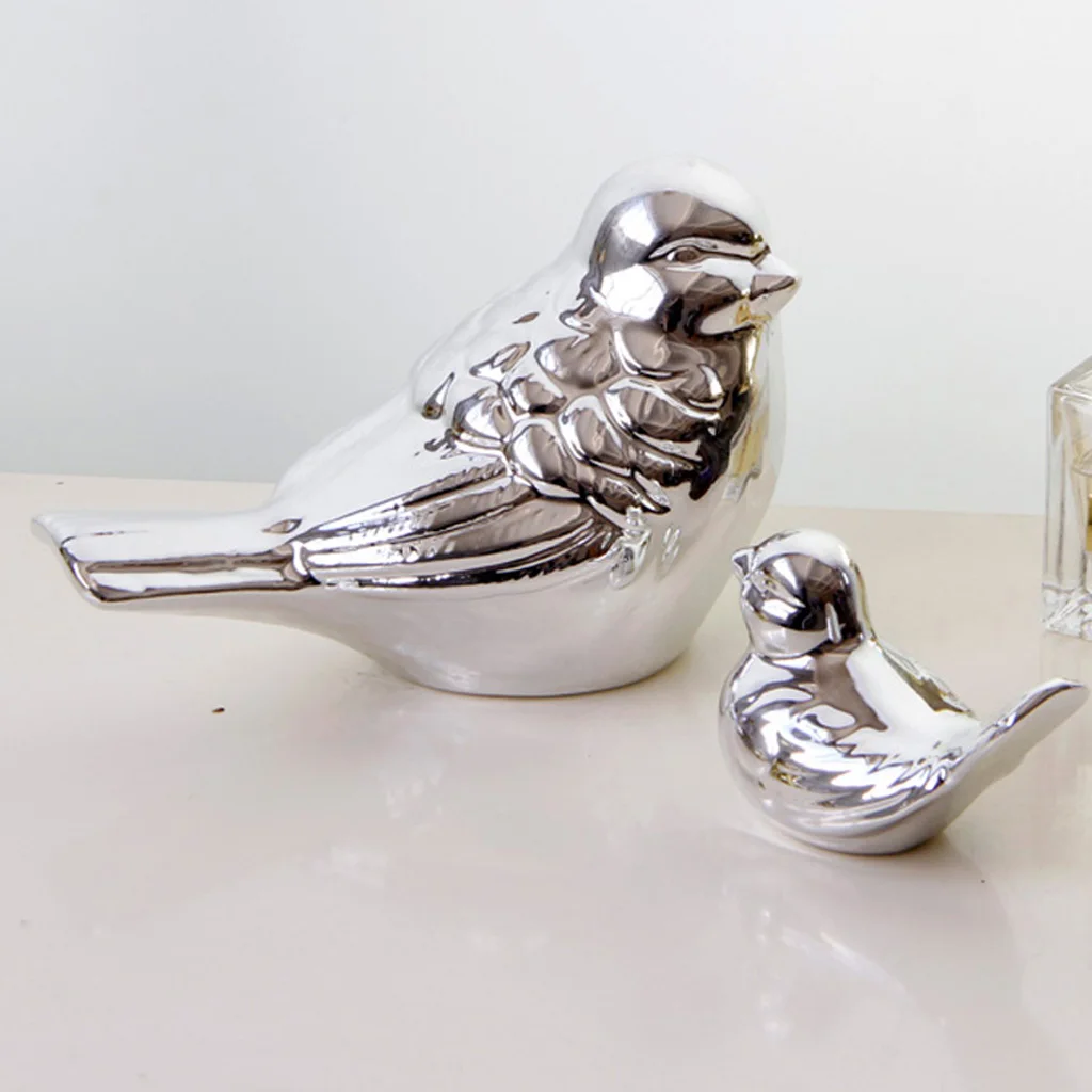 Small Silver Ceramic Chubby Bird Figure Ornaments Animal Model Gift for Home Garden Statue Decorative Crafts