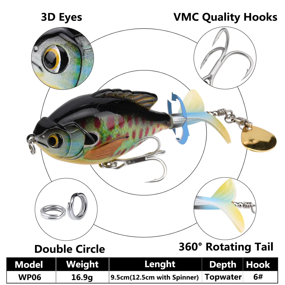 1Unit Whopper Popper 9.5Cm/16.9G Topwater Fishing Lure Artificial Bait Hard Plopper Soft 360 Rotating Tai Fishing Lure Wobblerr