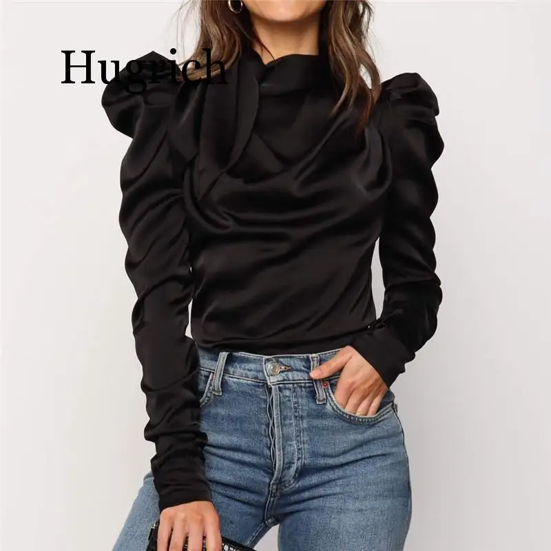 

Fashion Womens Tops and Blouses Elegant Ladies Satin OL Shirt Puff Long Sleeve Office Lady blusa feminina Classic Streetwear