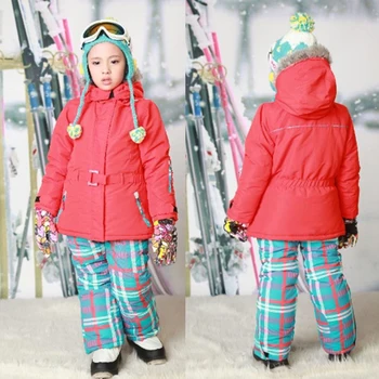 

RT-112 Retail New Children Winter Windproof Clothing Set Girls Plaid Warm Ski Suits Fashion Hooded Track Suit