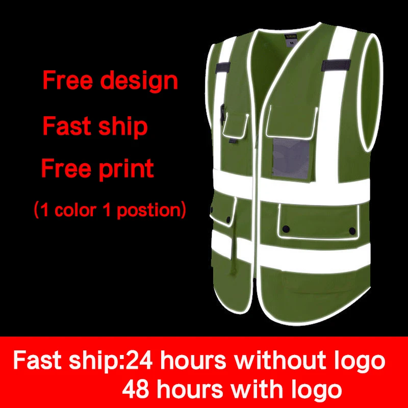 Black Safety Vest Reflective With Pocket And Zipper Construction Vest With Reflective Stripes High Visibility Work Uniforms safety coat