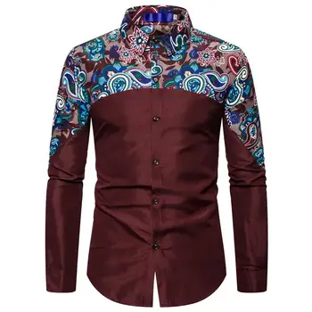 

Men's Casual Floral Shirt Long sleeve Shirt For Men Stitched Cashew printed Blouse Men Black Navy