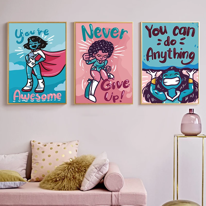 Colorful Blue and Pink Cartoon Super Wall Canvas Paintings Positive Tect Poster Decoration for Children Girls Room | Дом и сад