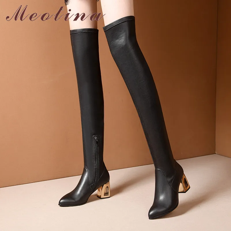 Meotina Winter Thigh High Boots Women Natural Genuine Leather Thick