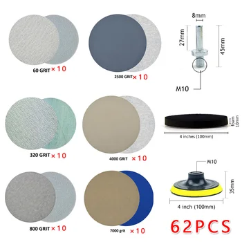 

62Pcs 4 Inch Assorted Grit 60-7000 Hook Loop Sanding Discs With 4" Sanding Pad Woodworking Tools