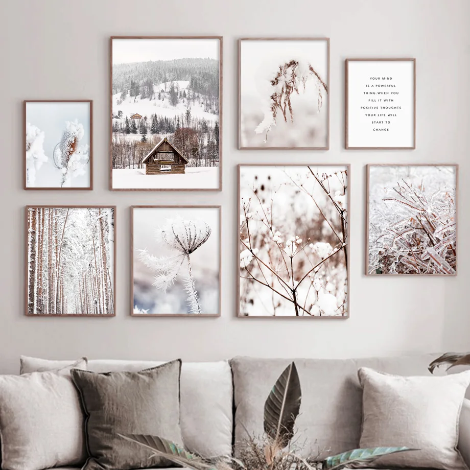 Wall Art Canvas Painting Snow Hill Forest House Dandelion Flower Nordic Poster E Stampe Immagini Per Soggiorno Home Decor