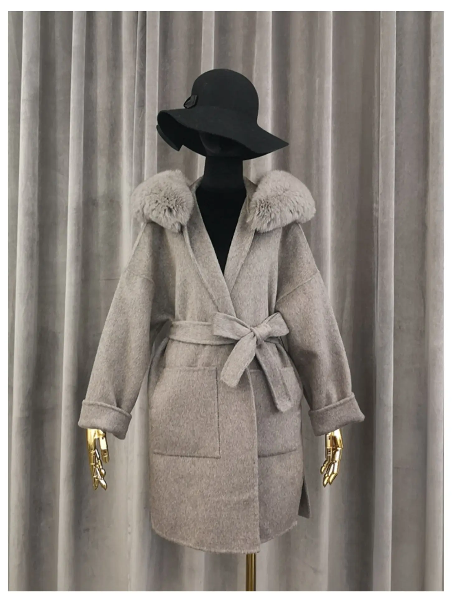 Лидер продаж, европейский стиль, элегантное женское кашемировое пальто, одноцветное, женский кардиган с поясом, верхняя одежда, натуральный Лисий мех, с капюшоном, шерстяные пальто