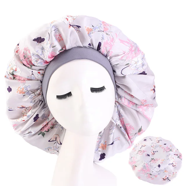 New Women Big Size Beauty print Satin Silky Bonnet Sleep Night Cap Head Cover Bonnet Hat for For Curly Springy Hair Black 408B Gray Flower