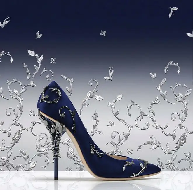Пикантные Белая Свадебная обувь невесты серебряные металлические листья Декор женские туфли-лодочки женская обувь Острый носок туфли под банкетное платье черный, розовый синий