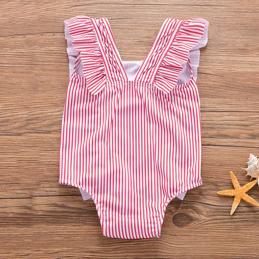 PatPat One-piece Ruffle Striped Swimsuit Slip-in Ruffle Details Summer Cotton Casual Stripes for Baby Girl