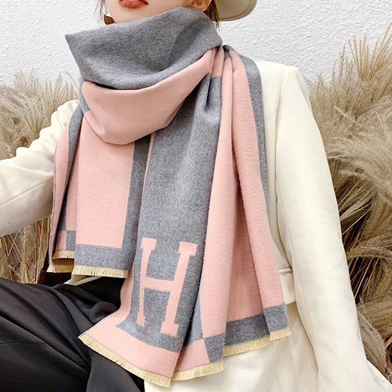 190*65cm New Autumn Winter Female Scarf Women Cashmere Scarves Wide Lattices Long Shawl Wrap Blanket Warm Tippet wholesale - Цвет: pink grey
