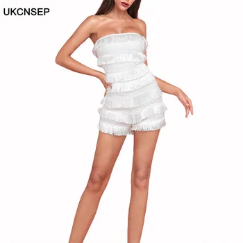 

UKCNSEP High Quality Sexy Women Jumpsuits 2020 New White Strapless Lace Patchwork Tassel Bodyocn Party Playsuit Bandage Jumpsuit