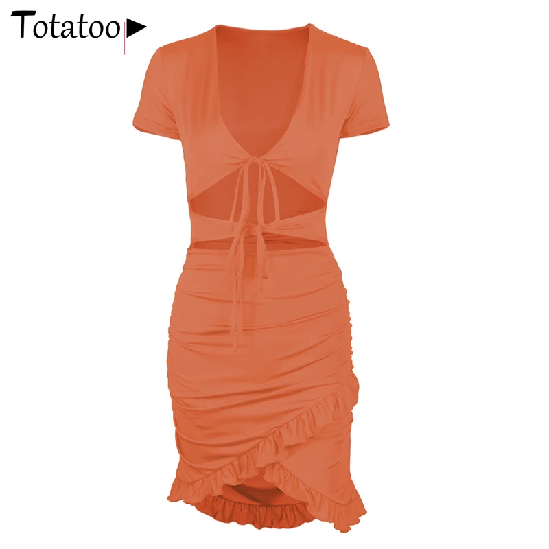 Totatoop Lace Up V Neck Ruched Bodycon Mini Dress Women 2020 Summer Hollow Out Ruffles Sundress Beachwear Vestidos