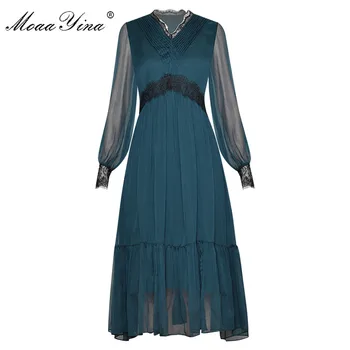 

MoaaYina Fashion Runway dress Spring Summer Women's Dress Lace V-neck Lantern sleeve Dresses