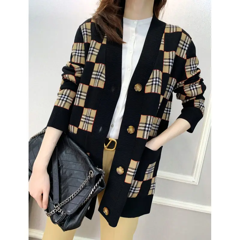 

Sweater Coat Women's Autumn Loose Knitted Cardigan Loose 2020 New Style Classic Plaid Sweater V-neck Outdoor