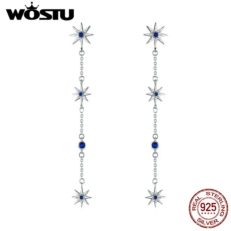 Женские длинные серьги WOSTU висячие из серебра 925 пробы с синим цирконием сияющей