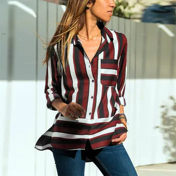 

Sexy V-neck Women Blouses New Striped Long Sleeve Tops Wear Spring Autumn Summer Female Shirts Loose Casual Top Femme Hot Sale