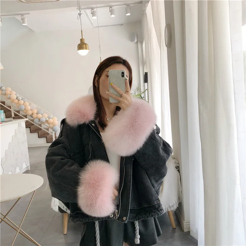 Парки Mujer, большие размеры, пальто, женская джинсовая куртка из натурального меха, корейский меховой воротник из лисьего меха, подкладка из кролика Рекс, рукав летучая мышь, свободный женский - Цвет: Black Pink