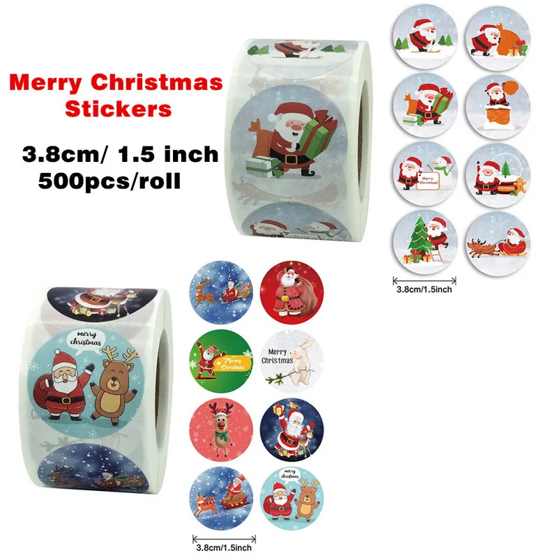 

8 Designs 1.5Inch/38mm Round Colorful Christmas Stickers Santa Claus Holiday Decoration Envelope Gift Stationery Sticker 500pcs