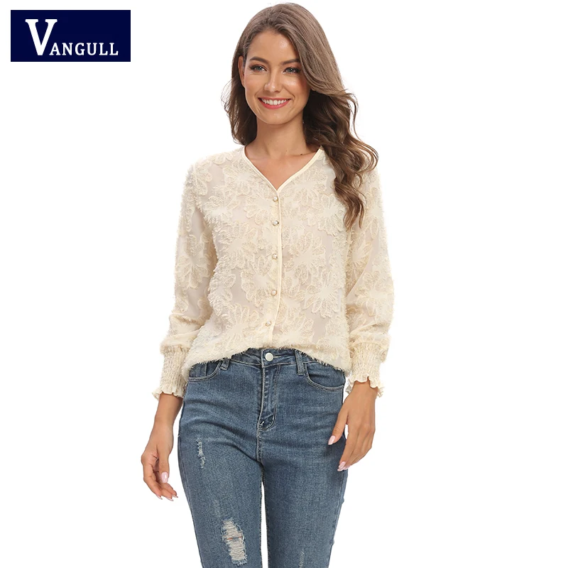 

Vangull Spring New Tassel feather chiffon shirt Feminine Elegant White V-neck Long Sleeve Trumpet sleeve Loose Thin cardigan