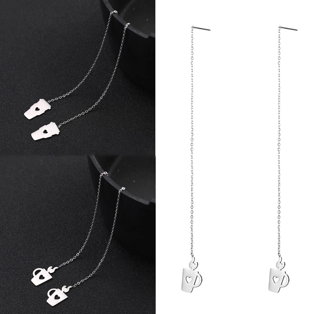 

Teamer Fashion Coffee Cup Charm Linear Earrings Dangle Long Line Threader Earrings Stainless Steel Chain Earring Korean Jewelry
