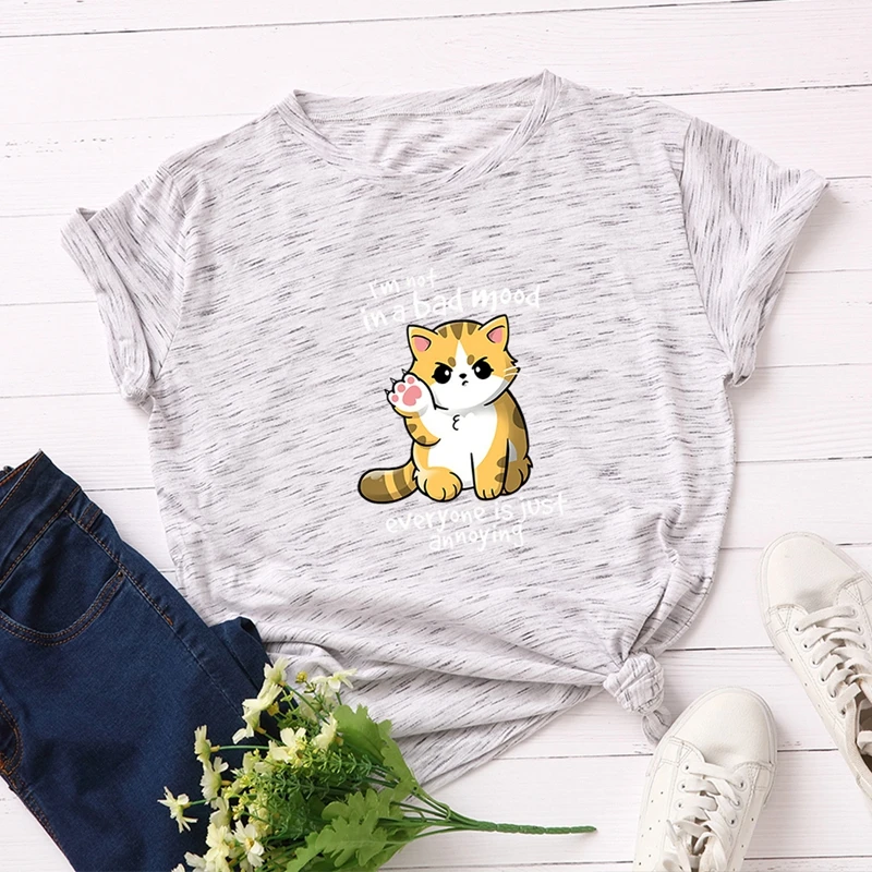 Женские футболки хлопок плюс размер Graphic Графический футболки женские рубашки летние топы сердитый кот принт забавная футболка одежда - Цвет: Light Gray