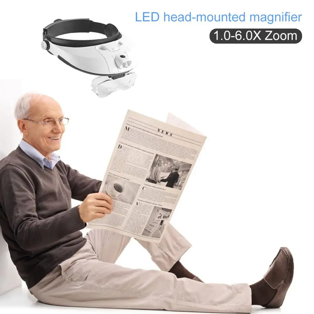 

1.0-6.0X Headwear Magnifier for Reading Microscope Magnify Glass w/Lamp Detachable Headlamp Magnifying Glass With 5 Replaceable