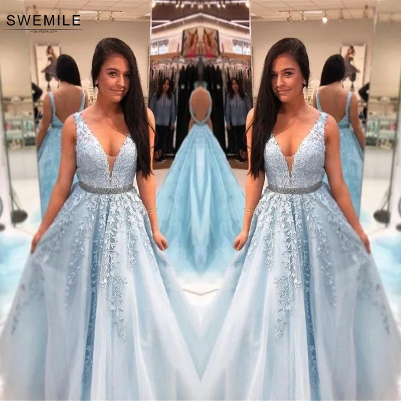 Роскошные Кристаллы Кружева синие платья на выпускной длинные Vestidos De gala сексуальный V задний ремень с бисером вечерние платья Robe De Soiree