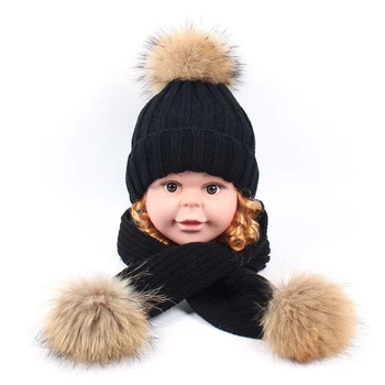 

Kids Winter Real Fur scarf+Hat Lovely Cute Baby Boys Girls Warm Autumn Winter Caps Christmas New Year Gift for Children Boy Girl