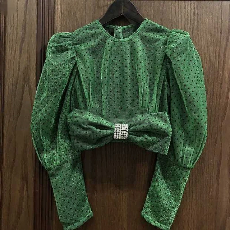 

Brand Women Shirt Puff Sleeve Diamonds Polka Dot Vintage Short Tops Blouse Green Red Apricot Bow O-neck Blouse 2019 Summer