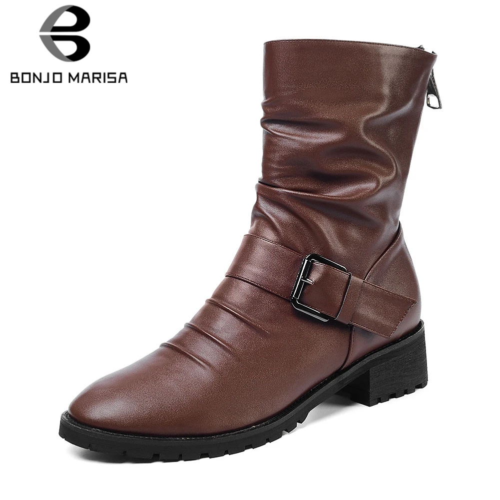 

BONJOMARISA New Plus Size 34-52 Hot Sale Retro Booties Ladies Autumn Elegant Pleated Ankle Boots Women 2019 Med Heel Shoes Woman