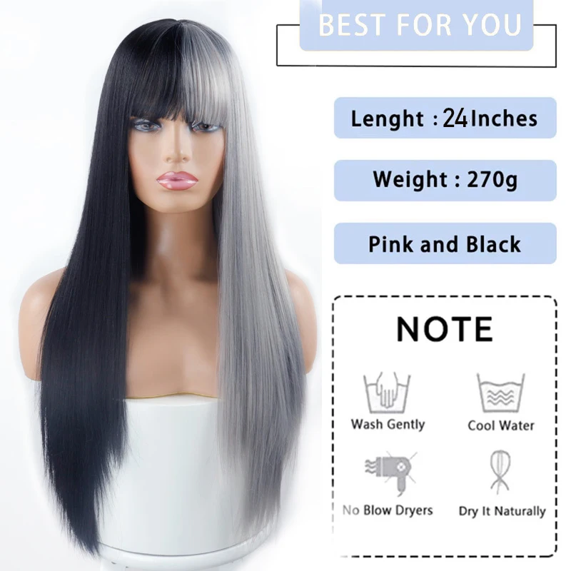 Linghang Gray and Black Wig Long Straight hair Cosplay Wig Two Tone Ombre Color Women Synthetic Hair Wigs