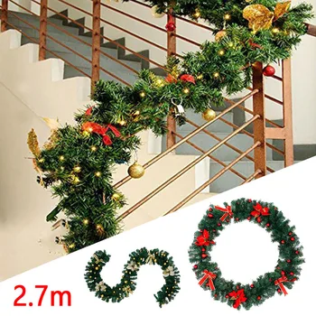 

2.7m Long Christmas Rattan Green Gold Fireplace Wreath Christmas Pendant for Living Room Kitchen Home Wall Hanging Decoration