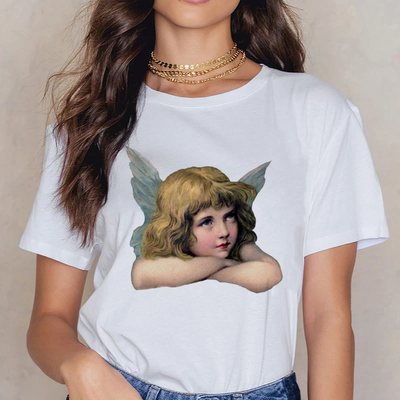 Angel 90s модная женская футболка с принтом Kawaii, футболка с коротким рукавом и круглым вырезом, винтажная Vogue Ullzang, Футболка Harajuku, женские футболки - Цвет: white