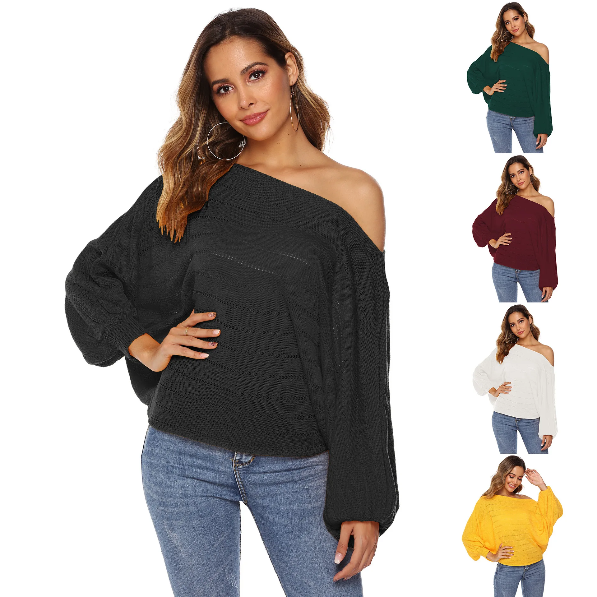 

Casual Women Sweater Autumn Winter Knitted Pullovers Long Sleeve Slash Neck Solid Color Sexy Slim Jumper Tops