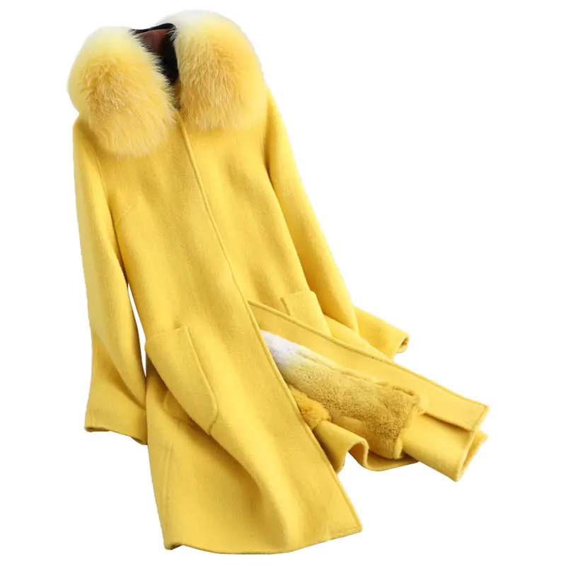yellow AYUNSUE/зимняя куртка для женщин, пальто из натурального меха кролика, подкладка из шерсти, Женское пальто с лисьим меховым воротником, корейские куртки MY - Цвет: yellow