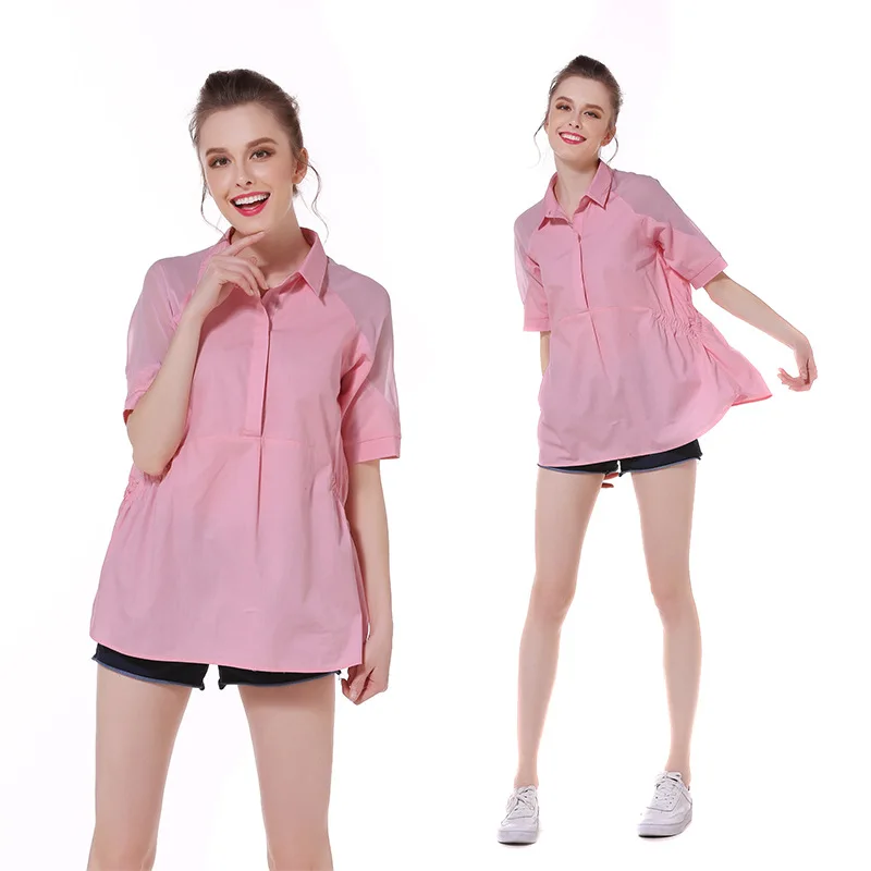 

6618 # Pink Shirt WOMEN'S Short Sleeved Summer New Style Korean-style Pullover Loose Casual Slimming Shirt Solid Color
