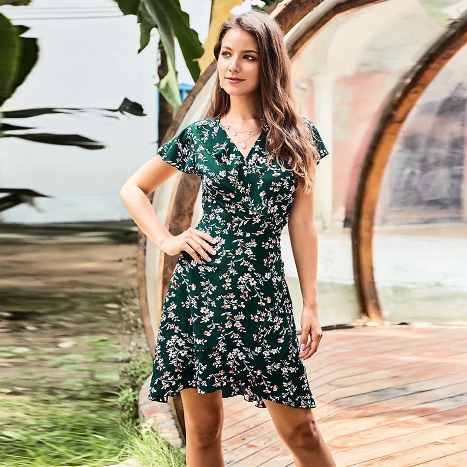 

Bayboad Summer Hot Sale Ruffles Holiday Chiffon Short Sleeve V-neck Beach Style Red Floral Print Sexy Women's Wrap Mini Dress