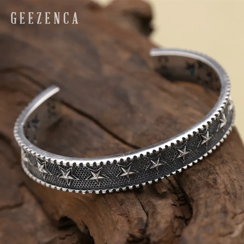 

925 Sterling Silver Thai Handmade Craft Five-pointed Star Open Bangles Punk Rock Trendy Bracelet Bangles Fine Jewelry for Men