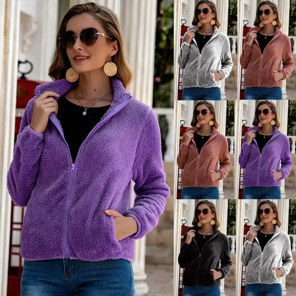 

autumn and winter all-match slim zipper solid color plush women's jacket loose casual acetate fiber double-sided velvet jacket