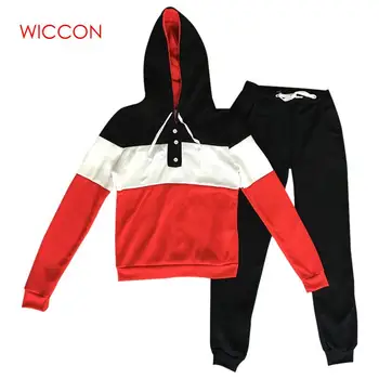 

2020 Patchwork Button Drawstring 2 Two Piece Set Top And Pants Elastic Tracksuit Women Hoodies Sportswear Sweatsuit Spring Wear