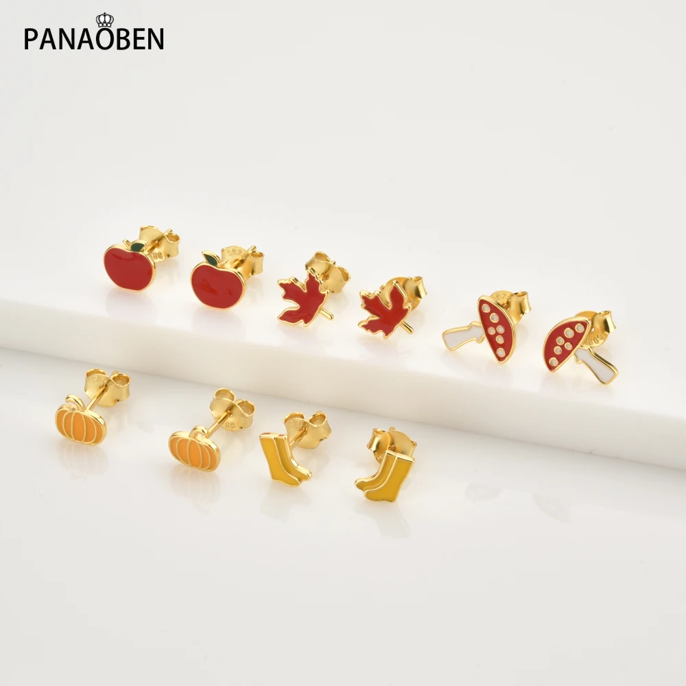 PANAOBEN 925 Sterling Silver earrings for women Gold Low Price Mushroom Pumpkin Maple Leaf Apple Stud Earing Piercing fine Clips | Украшения